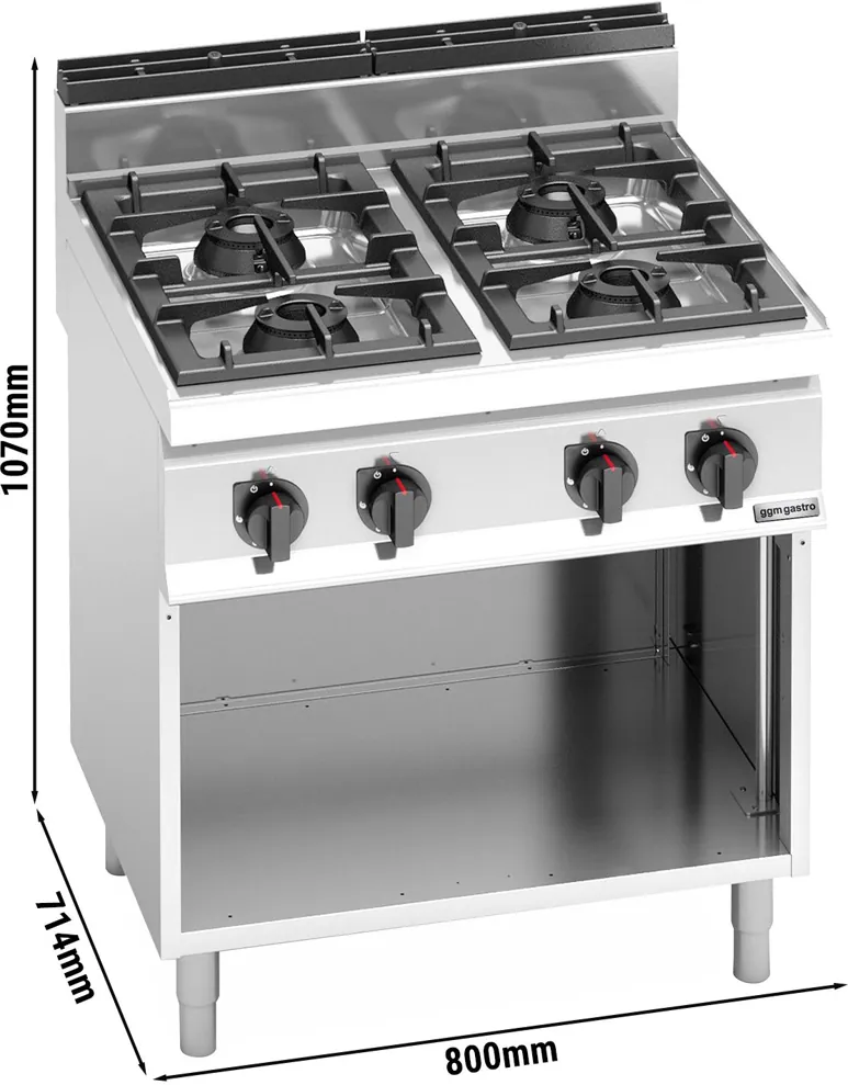Ggm gastro GHB871P Ipari gáztűzhely - 700-as - főzősorba illeszthető - összteljesítmény: 28,0 kW - 4 égős - nyitott tárolórésszel kép 2